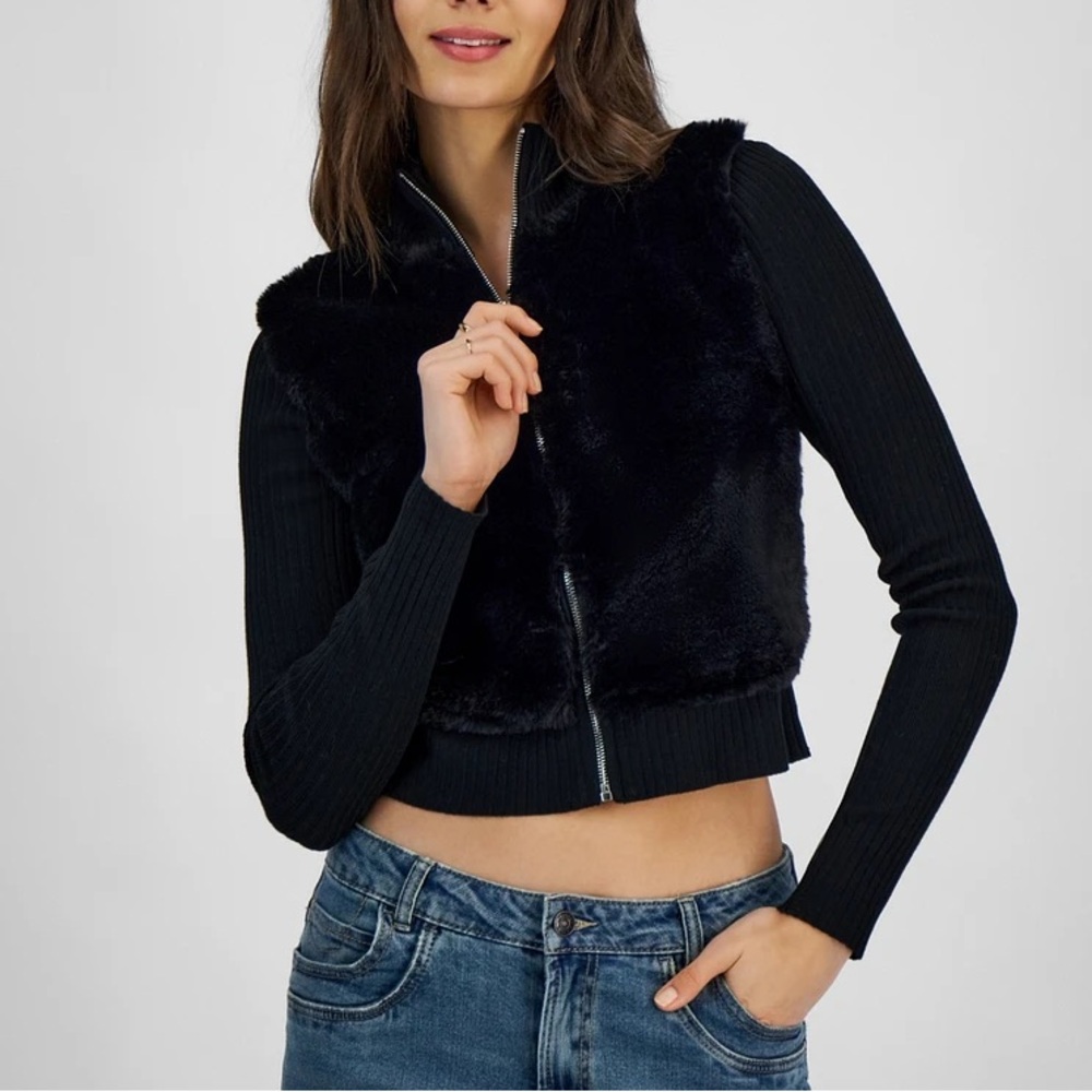 ULTRA FLIRT Juniors Faux Fur Trim Zip Front Cardigan
